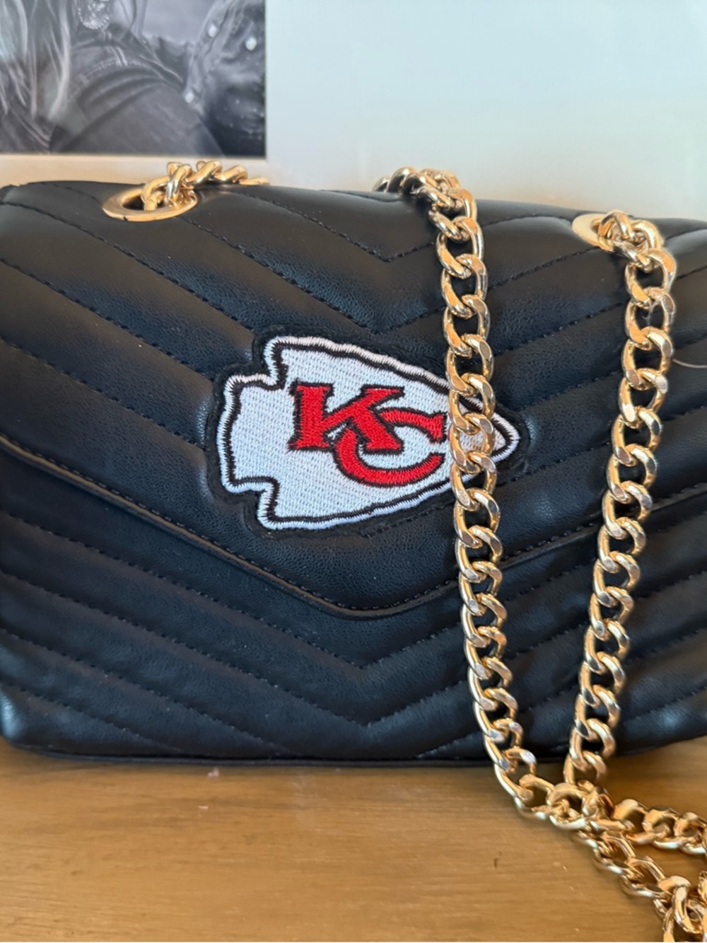 Kansas City Chiefs Black Quilted Crossbody Bag with Gold Chain